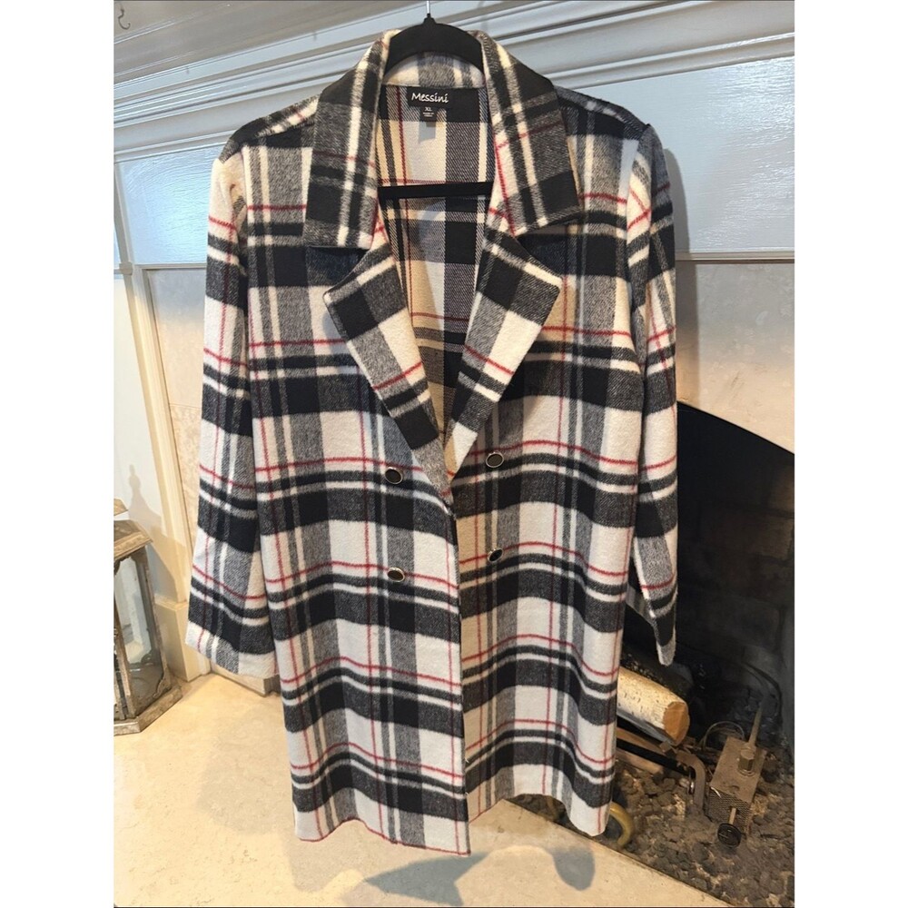 Messini Black & White Plaid Teddy Jacket with Red Accents Open Front size XL